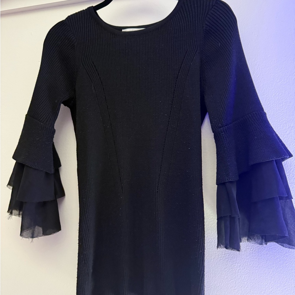 Sign His-Toe Black Ribbed Top w/ Sheer Ruffle Bell Sleeves (Size M)